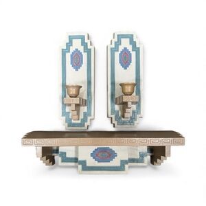 Southwestern Wall Shelf & 2 Candle Sconces Set Geometric Aztec Teal Pink Vintage